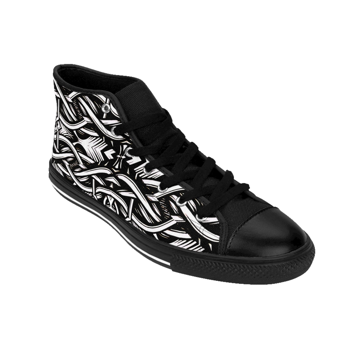 Men's Black Intricate Silver Chain Tattoo Pattern High-Top Sneakers