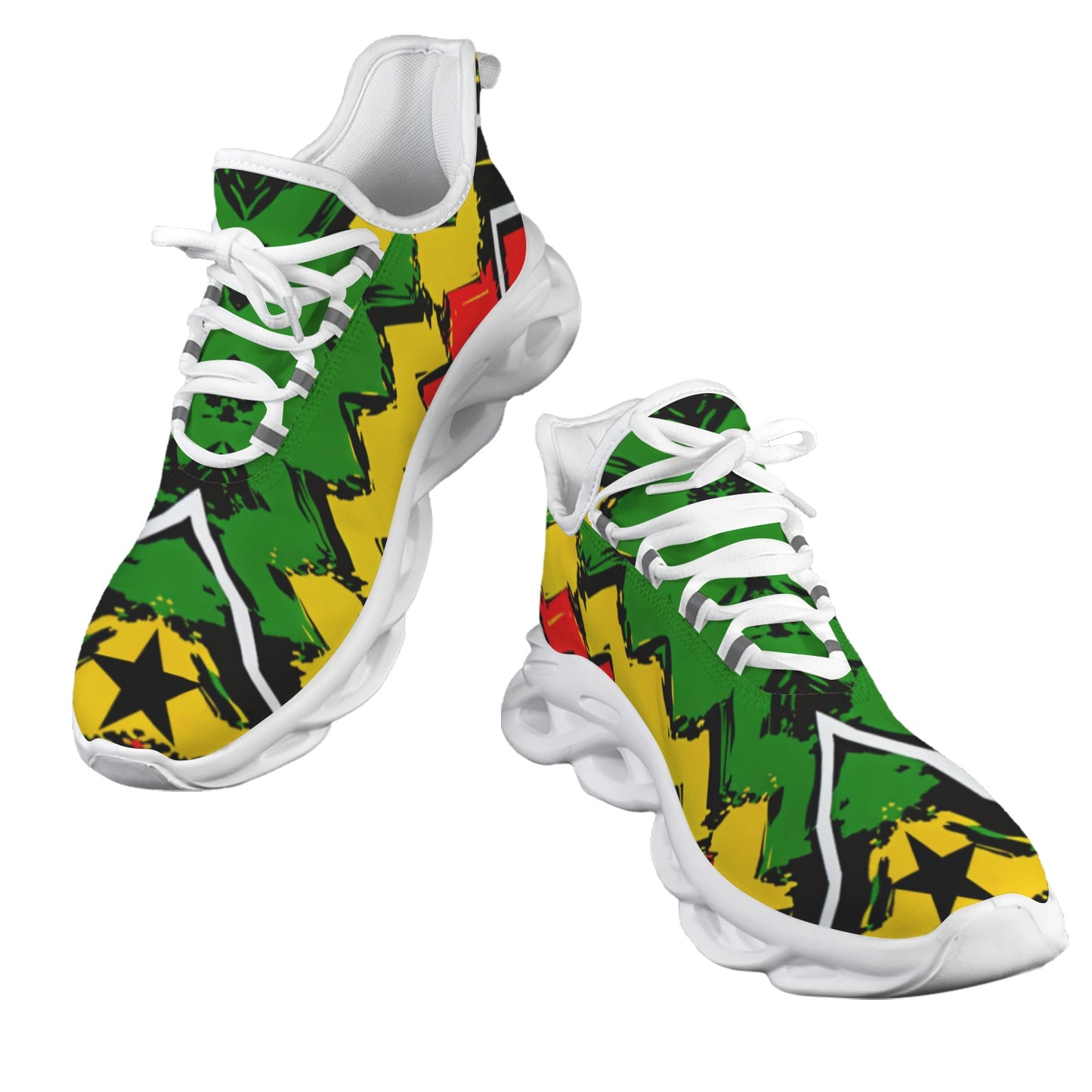 Men's Red Yellow Green and Black Stars Pattern All Over Print Twisted Sole Sneakers
