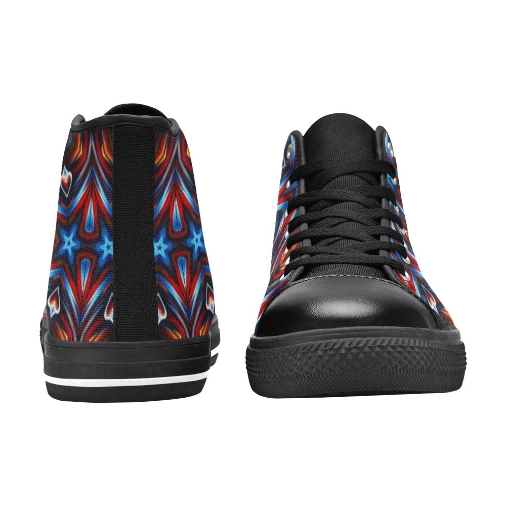 Men's Patriotic Red White Blue Geometric All Over Print Classic High Top Canvas Shoes.