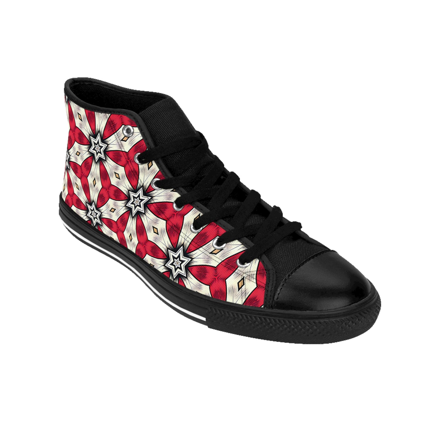 Men's Red & White Geometric Star Pattern High-Top Sneakers