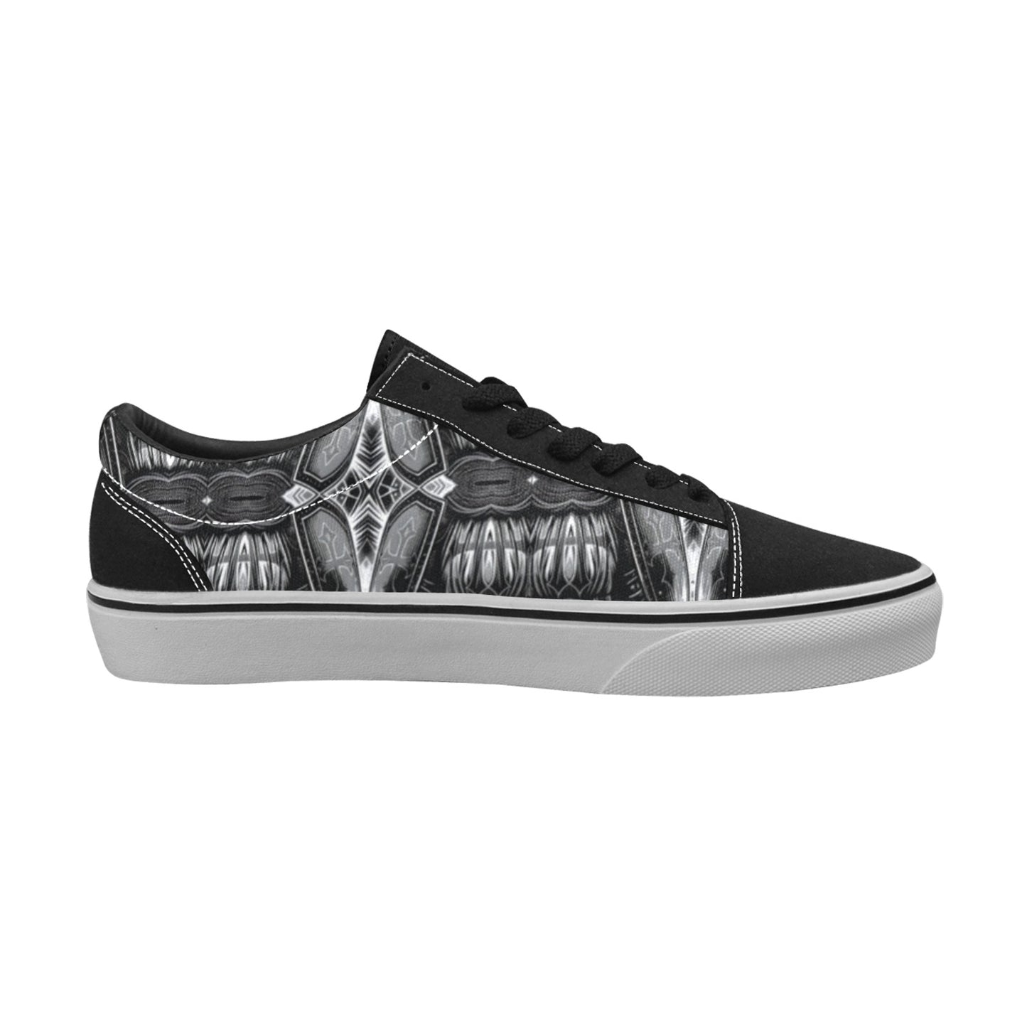Women's Black & Silver Symmetry Pattern All-Over Print Low Top Skateboarding Shoes.