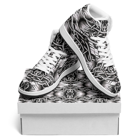 Men’s Black Intricate Silver Chain Tattoo Pattern Motion High Top Shoes