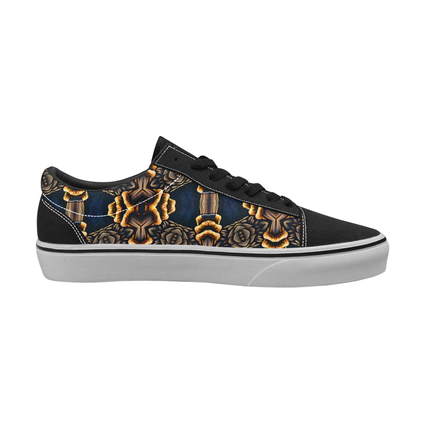 Men's Geometric Gold & Black Pattern Low Top Skateboarding Shoes.