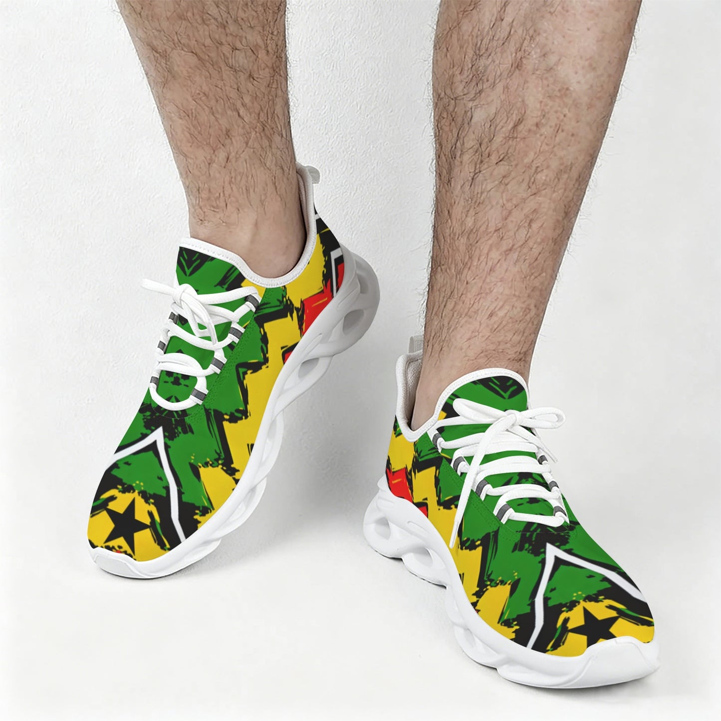 Men's Red Yellow Green and Black Stars Pattern All Over Print Twisted Sole Sneakers