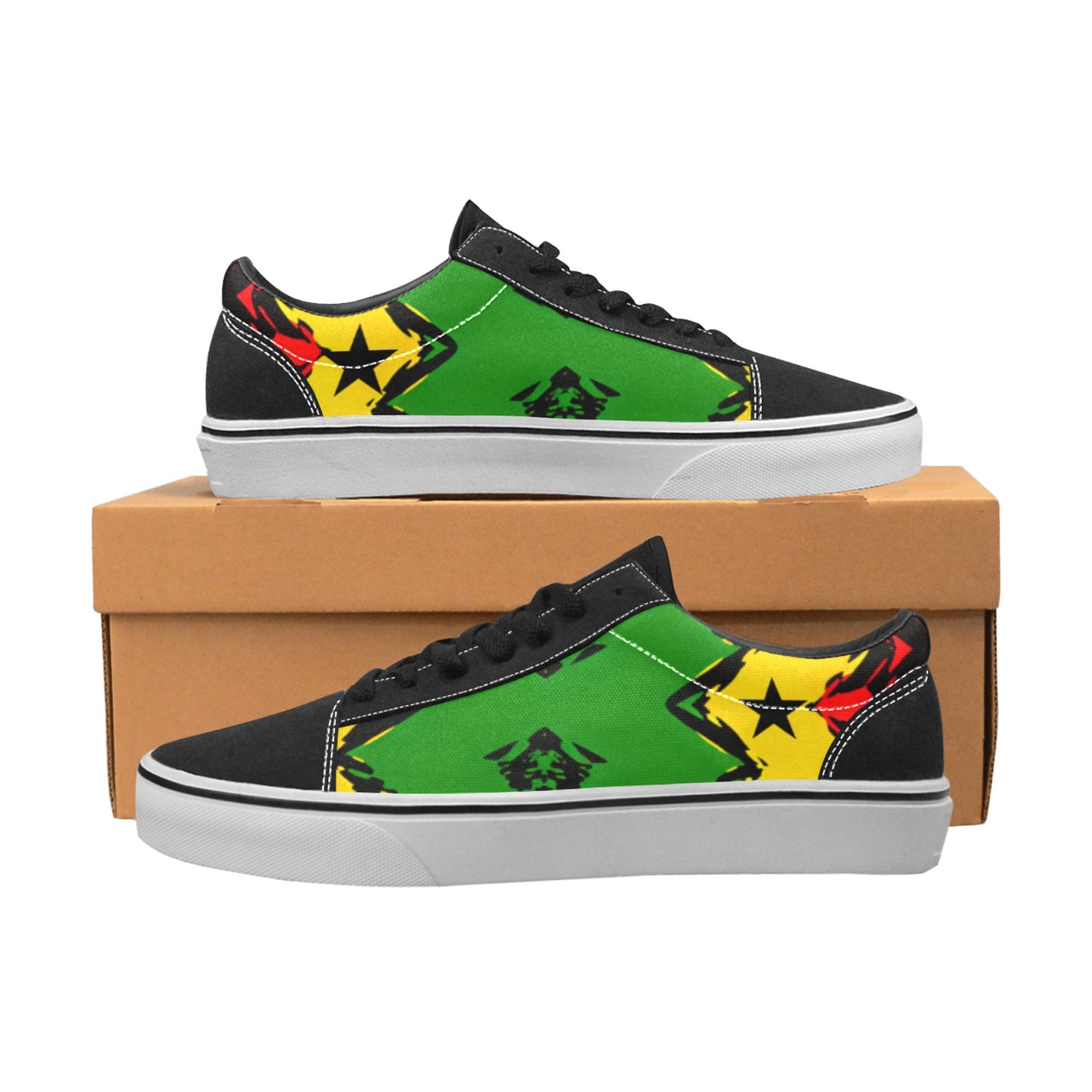 Men's Ghana Flag & Black Star Pattern All-Over Print Low Top Skateboarding Shoes