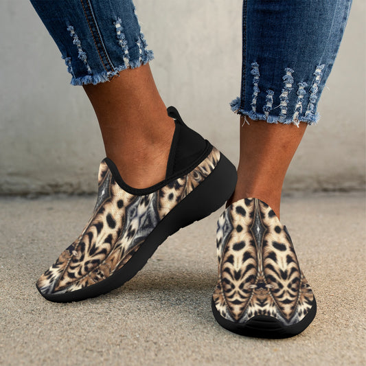 Women's Leopard Trendy Geometric Pattern All-Over Print Fly Weave Drop-in Heel Sneakers