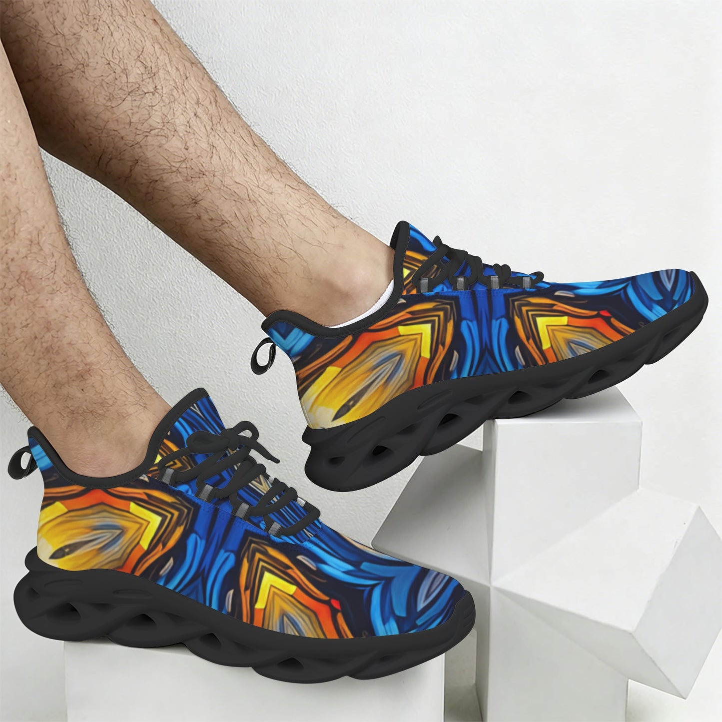 Men's Bold Blue & Gold Abstract Pattern All-Over Print All Over Print Twisted Sole Sneakers