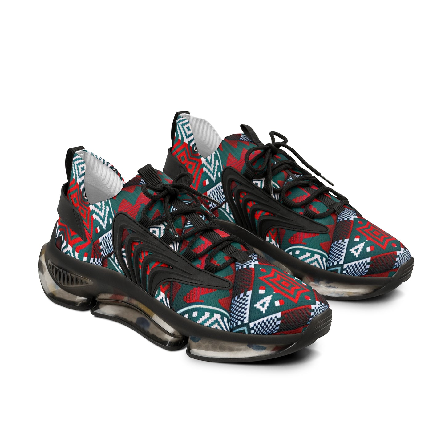 Men's Red & Teal Aztec Geo Pattern All Over Print Mesh Sneakers