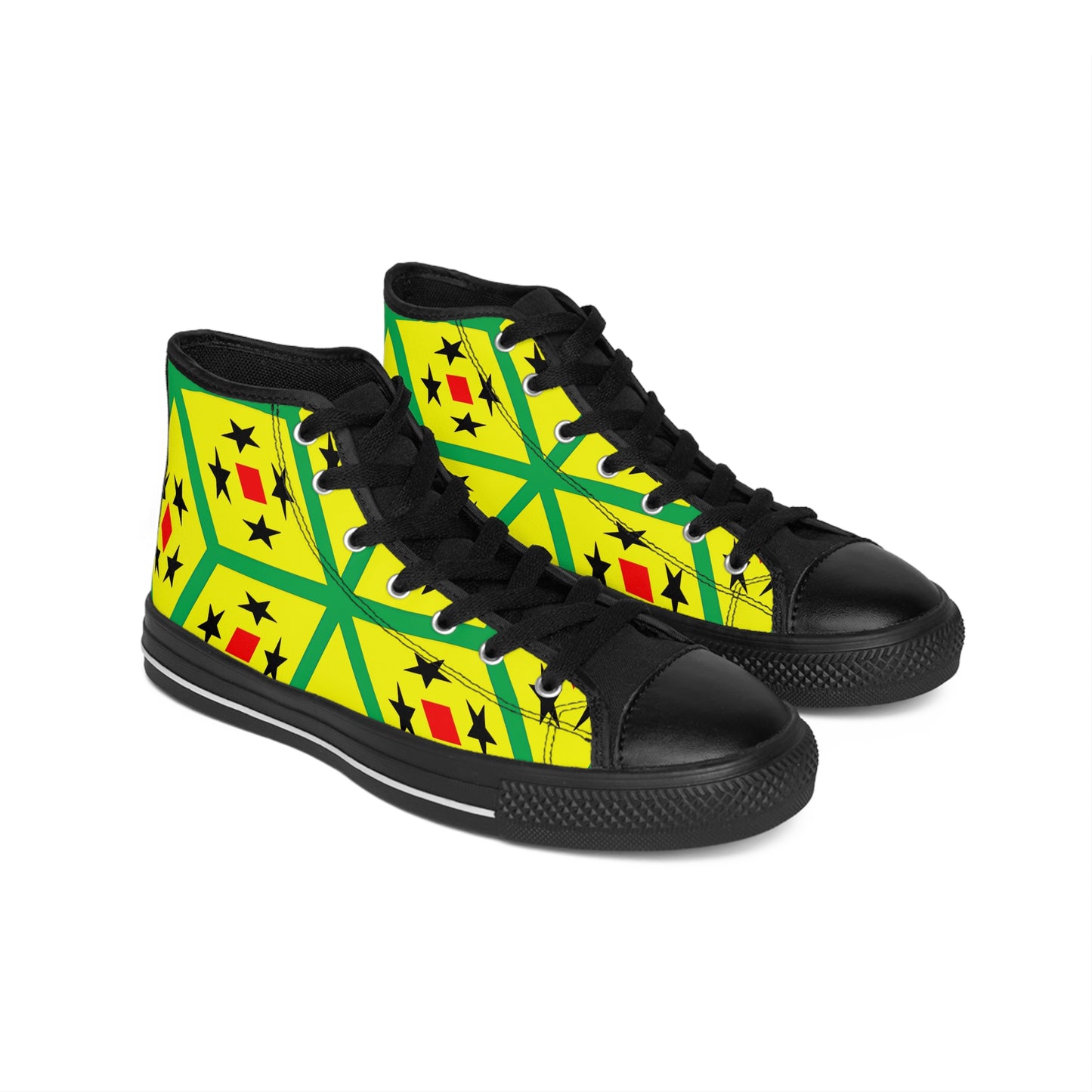 Women's Yellow Geometric Vibrant Star & Diamond Pattern High Top Sneakers
