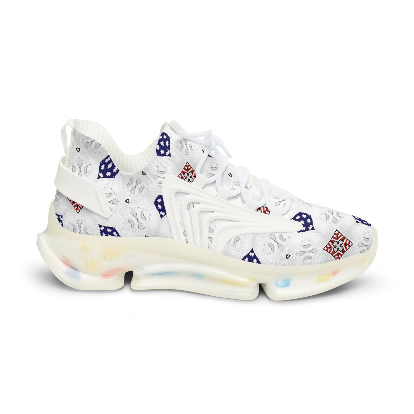 Men's White Blue & Red Patterned Mesh Sneakers