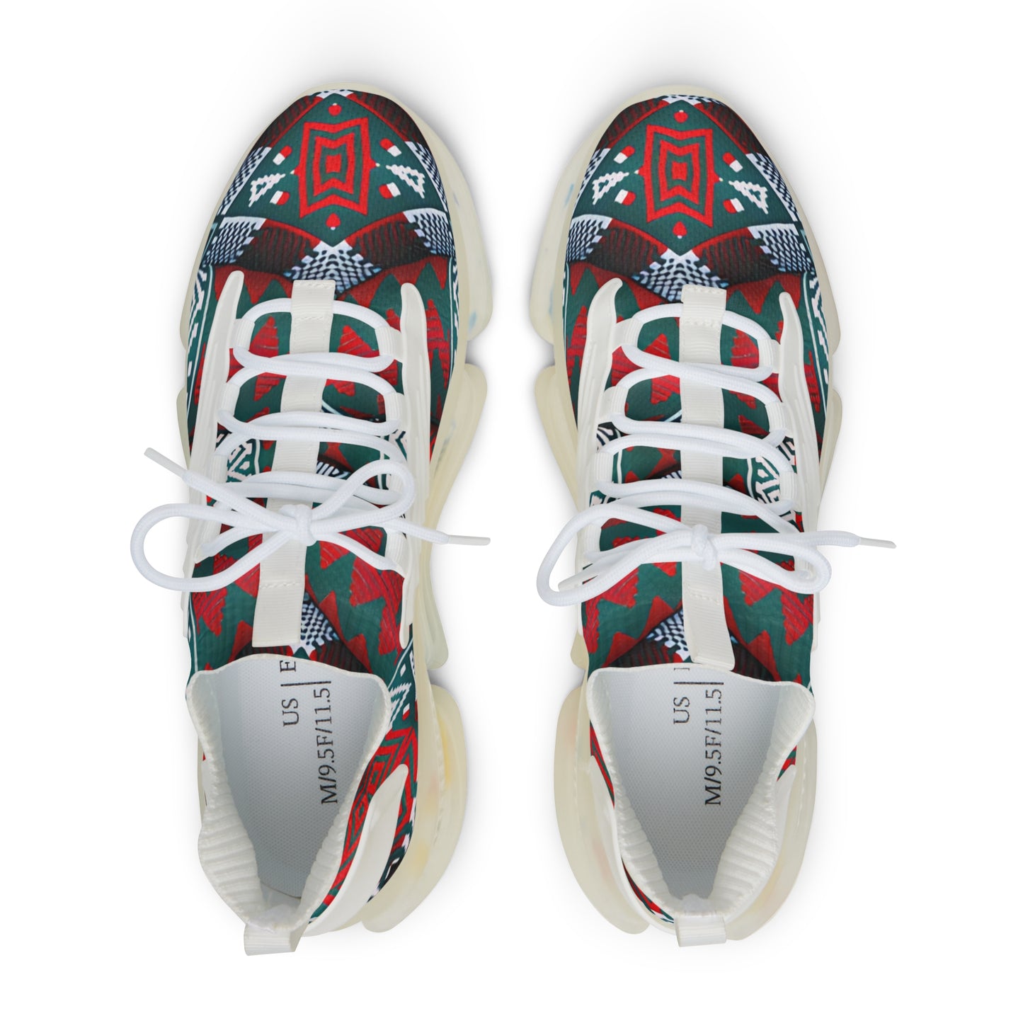 Men's Red & Teal Aztec Geo Pattern All Over Print Mesh Sneakers