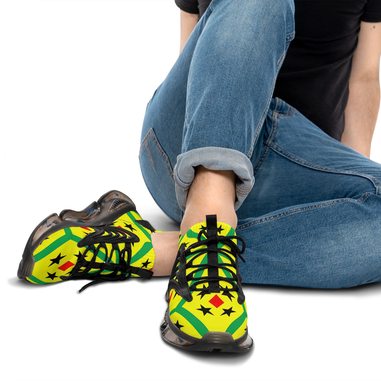 Men's Red Yellow Green Black Stars Athletic Mesh Sneakers