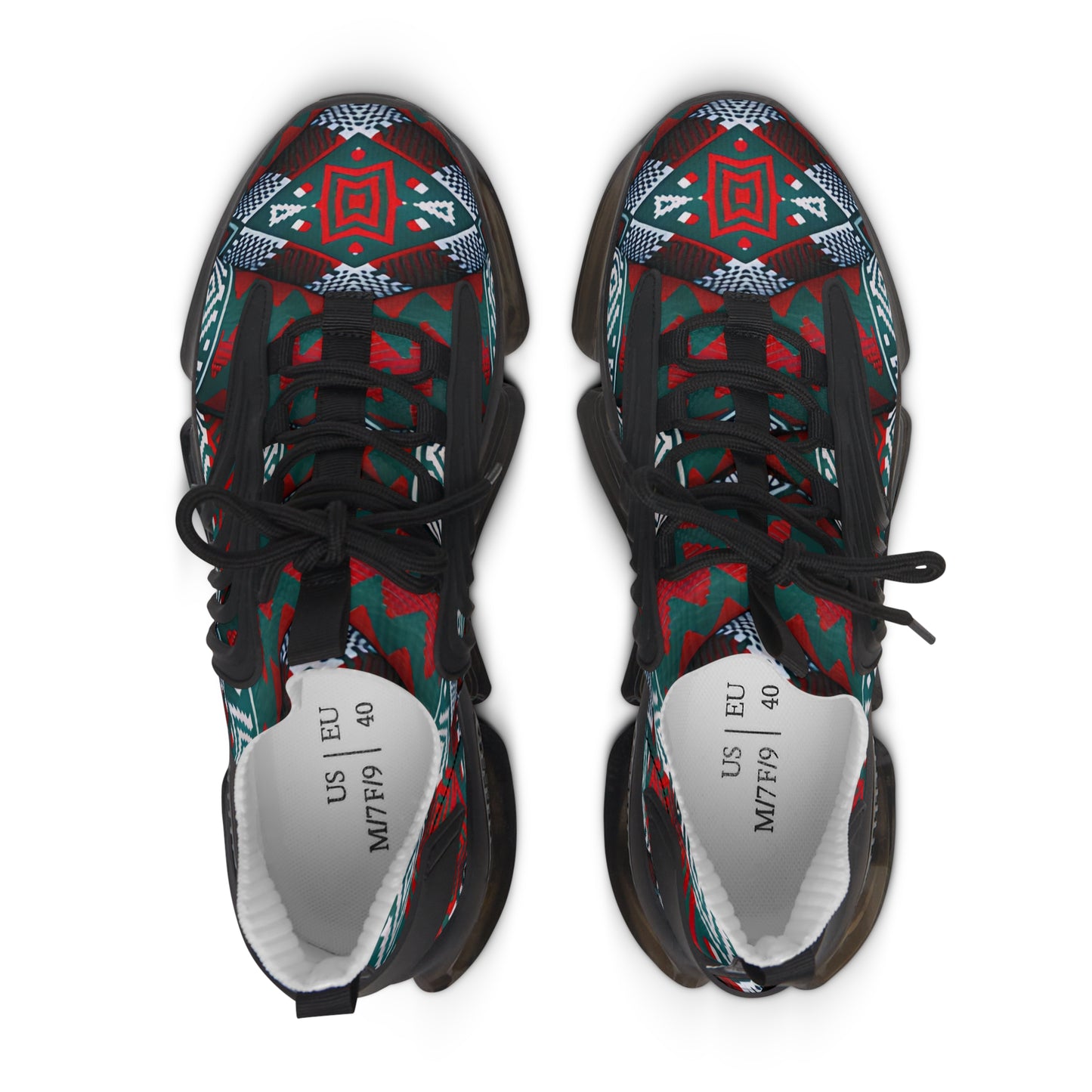 Women's Red & Teal Aztec Geo Pattern All Over Print Mesh Sneakers