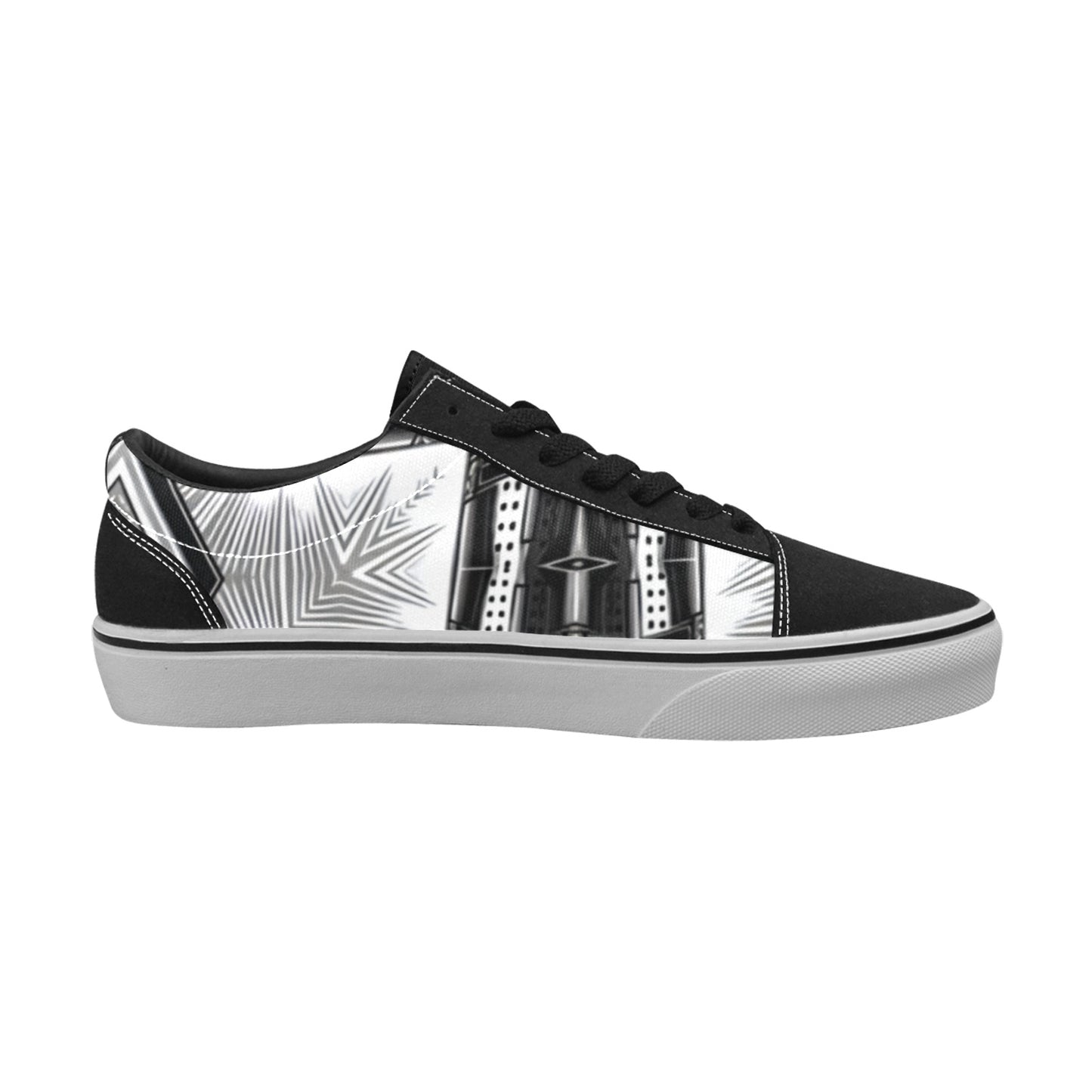 Women's Black & White Kaleidoscope Cross Pattern All Over Print Low Top Skateboarding Shoes.