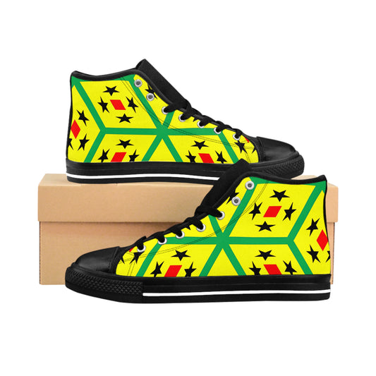 Men's Yellow Geometric Vibrant Star & Diamond Pattern High Top Sneakers