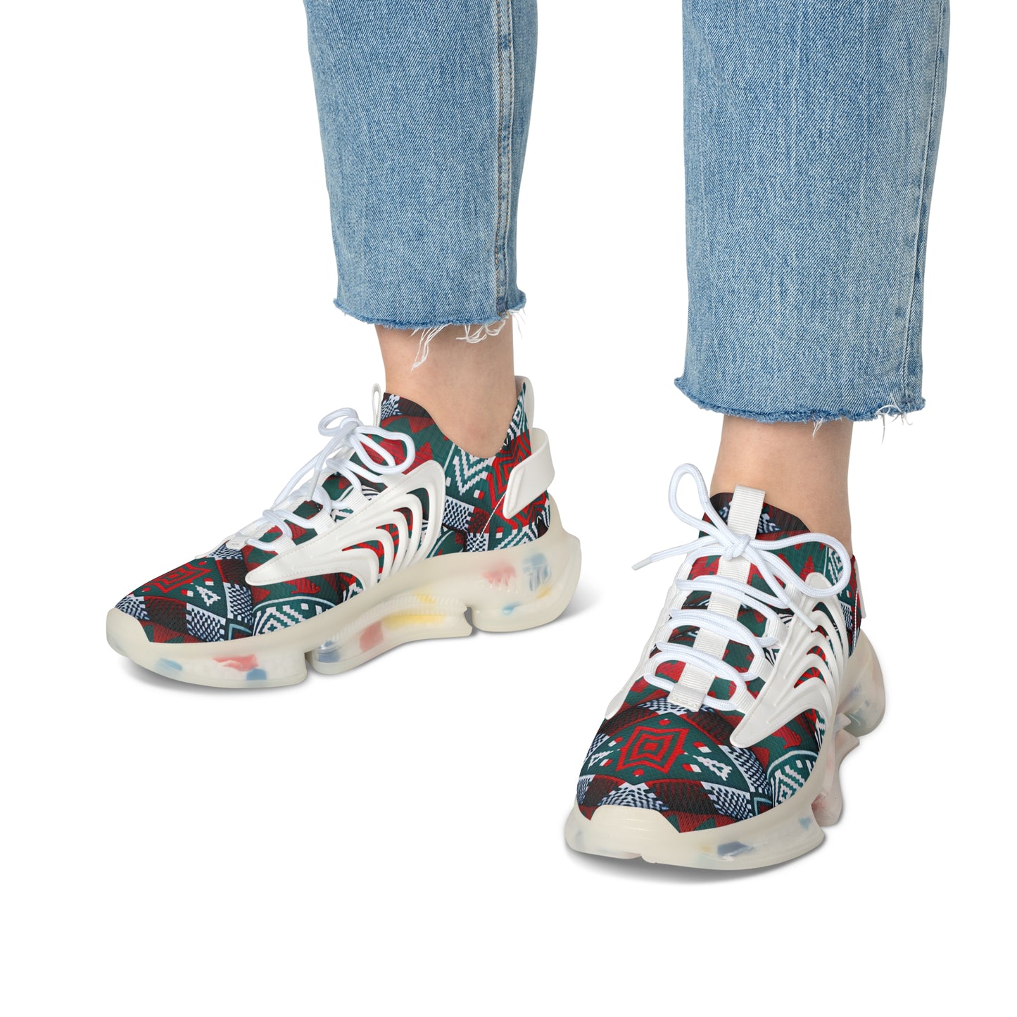 Women's Red & Teal Aztec Geo Pattern All Over Print Mesh Sneakers