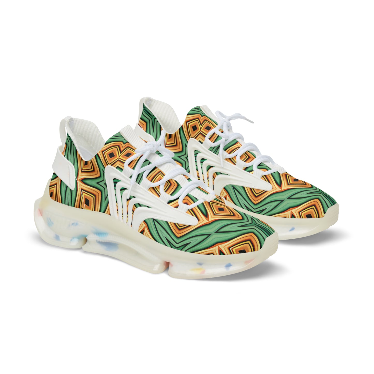 Men's Green & Gold Geometric Pattern Mesh Sneakers