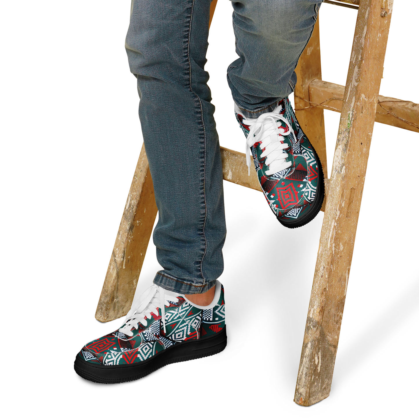 Men's Red & Teal Aztec Geo Pattern All-Over Print Core Low Shoes