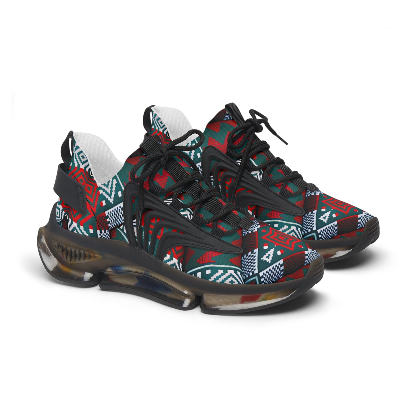 Women's Red & Teal Aztec Geo Pattern All Over Print Mesh Sneakers