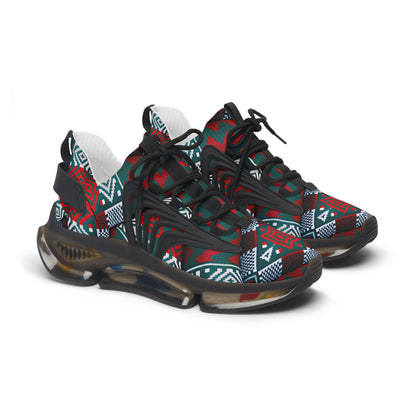 Women's Red & Teal Aztec Geo Pattern All Over Print Mesh Sneakers