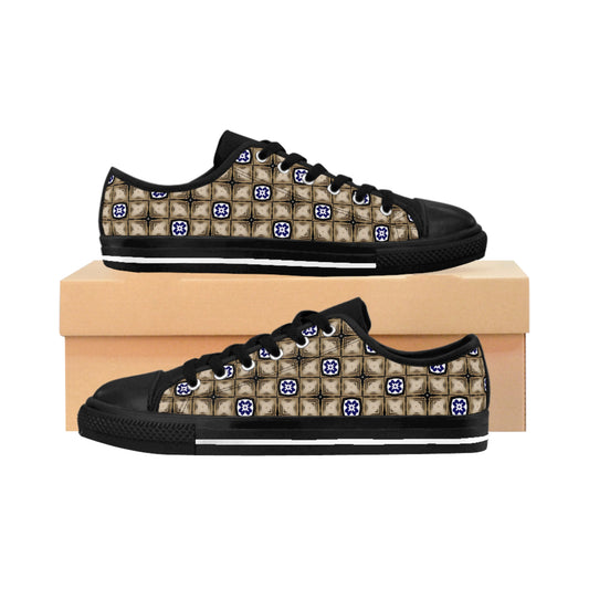 Women’s Neutral Plaid with Blue Tile Accent Pattern Sneakers