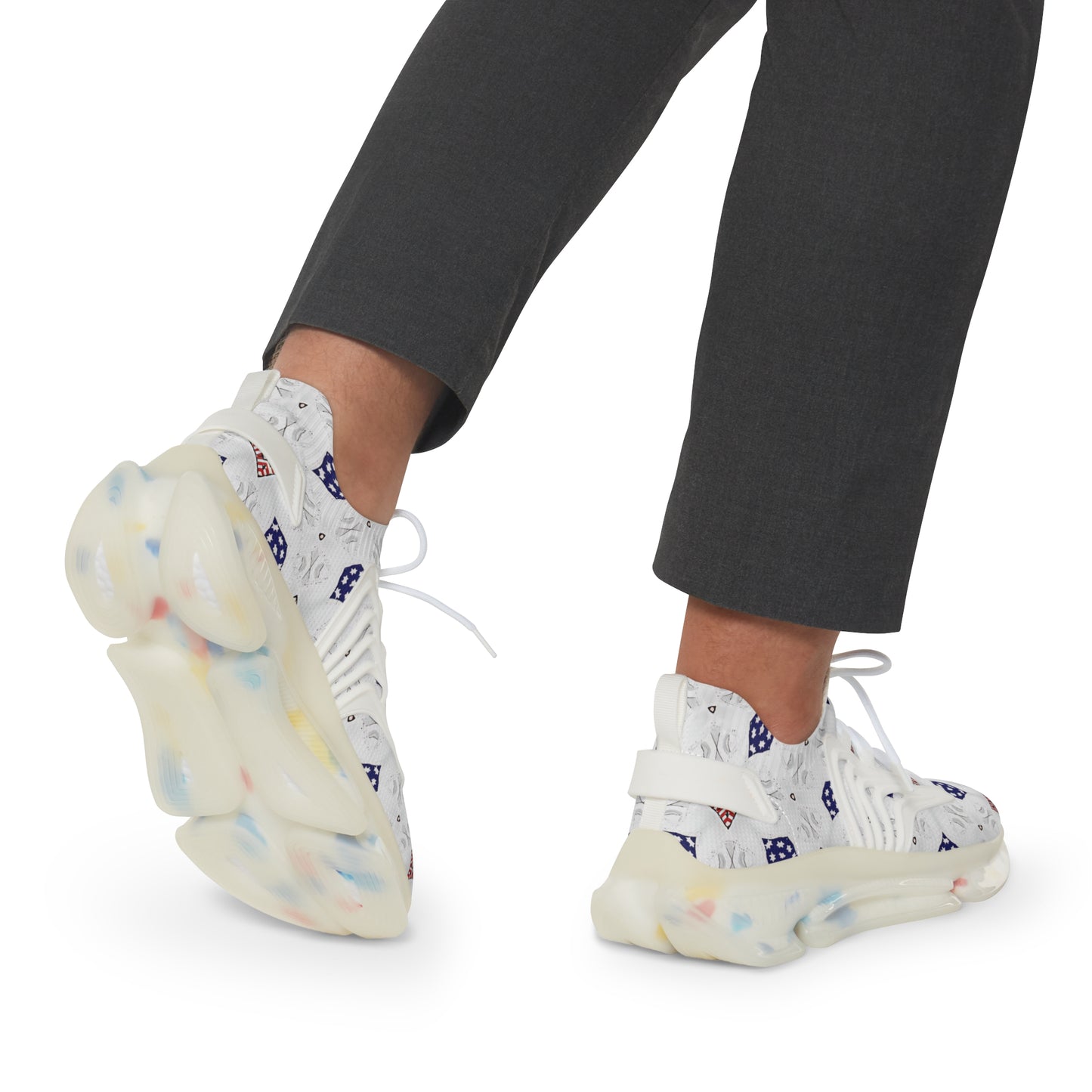 Men's White Blue & Red Patterned Mesh Sneakers