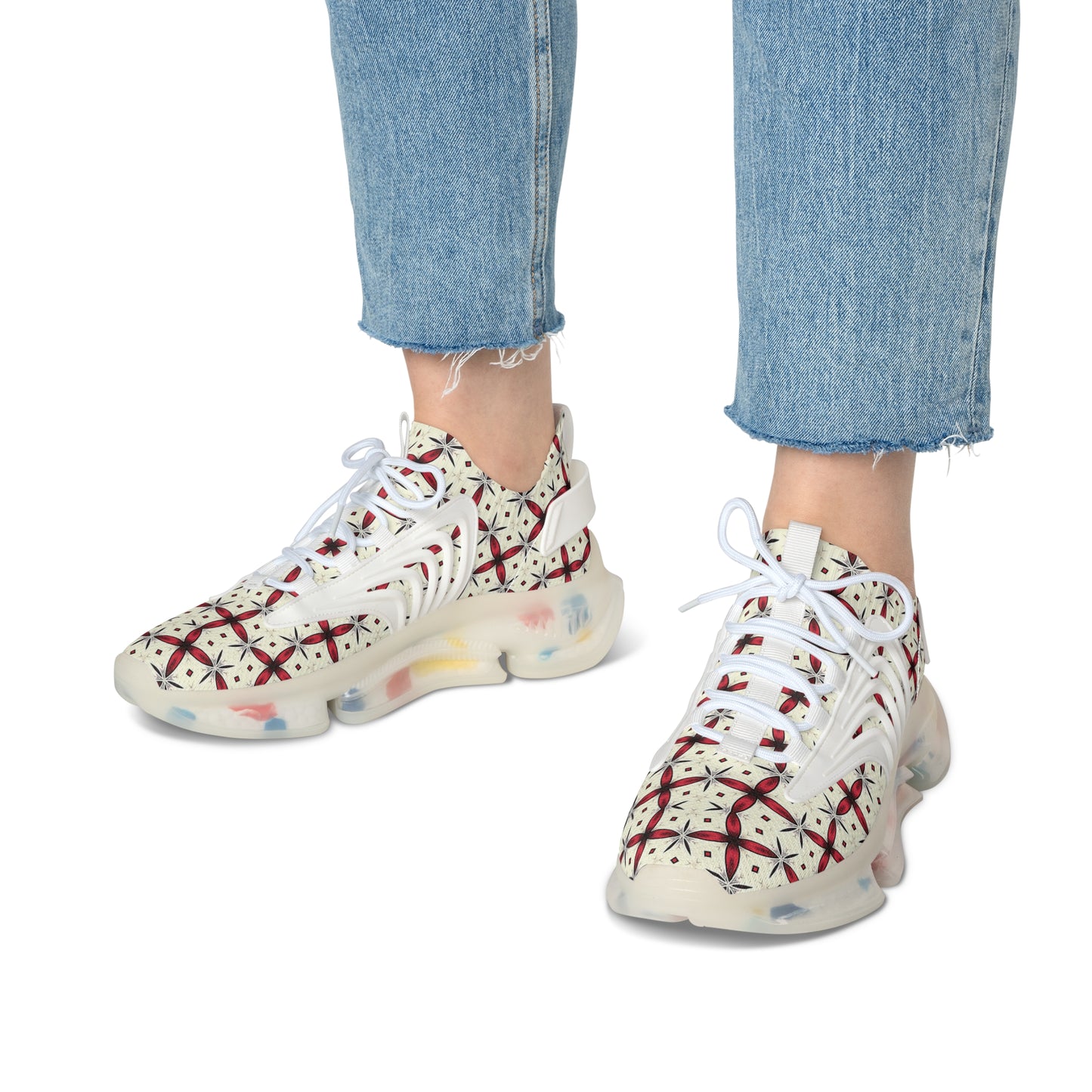 Women’s Mesh Cream Red Geometric Pattern Athletic Sneakers