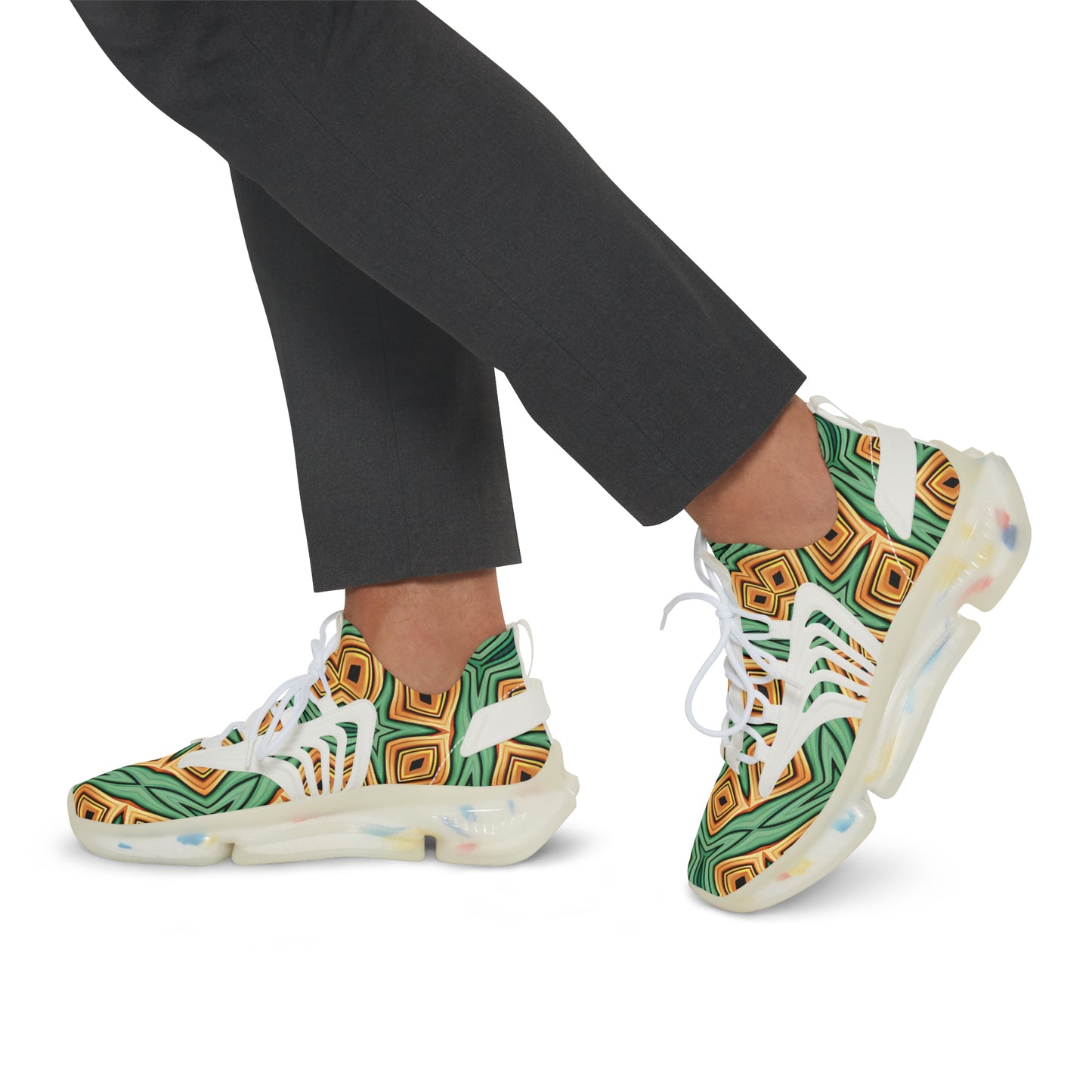 Men's Green & Gold Geometric Pattern Mesh Sneakers