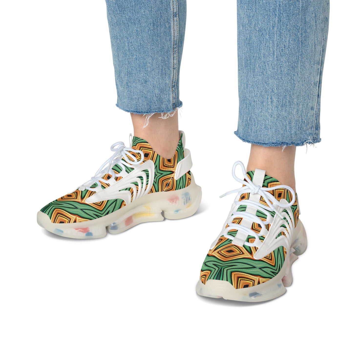 Women's  Green Geometric Pattern Athletic Mesh Sneakers