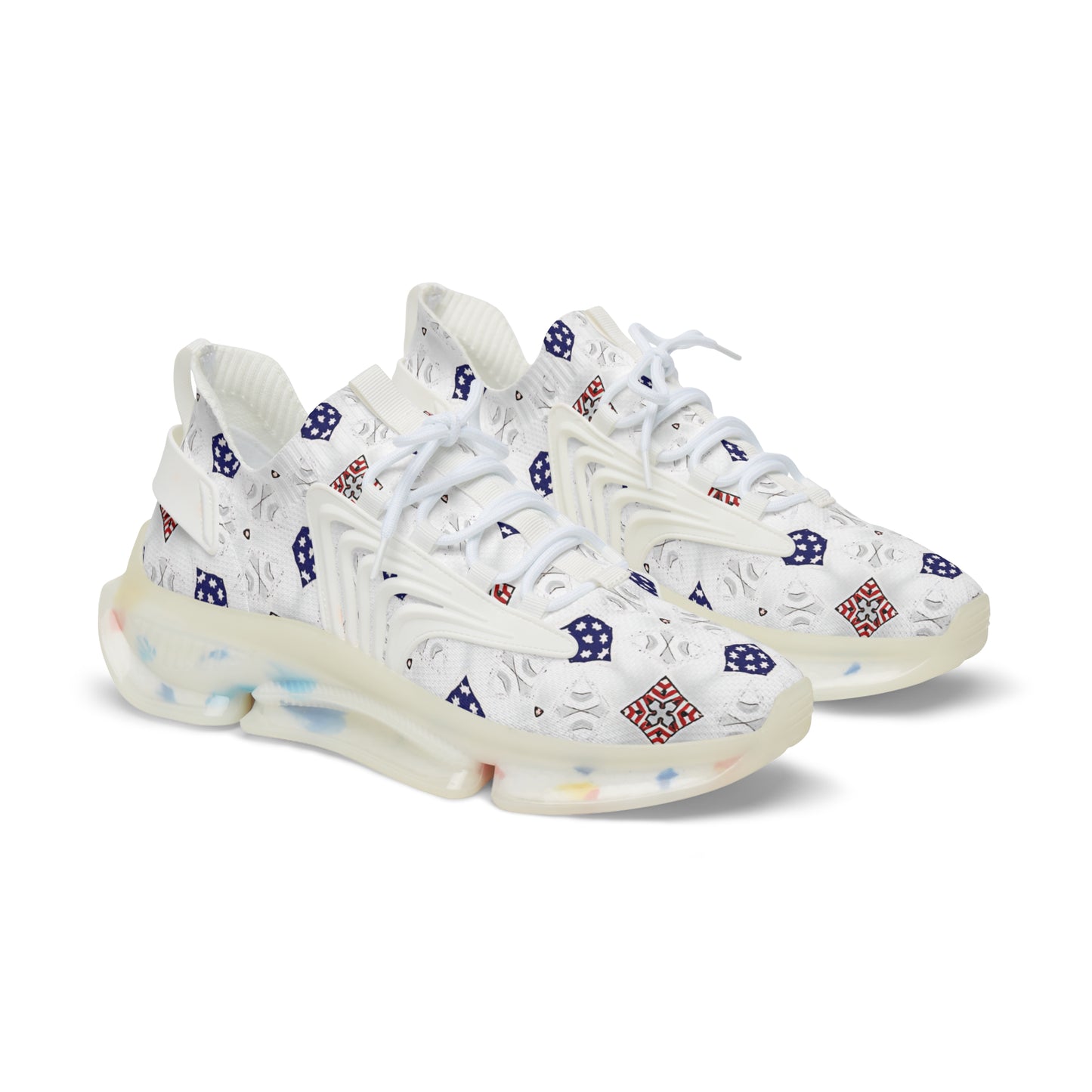 Men's White Blue & Red Patterned Mesh Sneakers