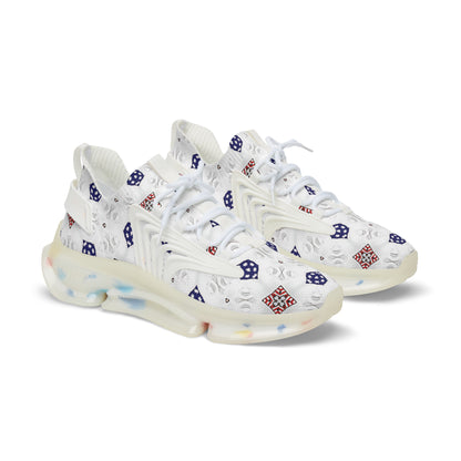 Men's White Blue & Red Patterned Mesh Sneakers