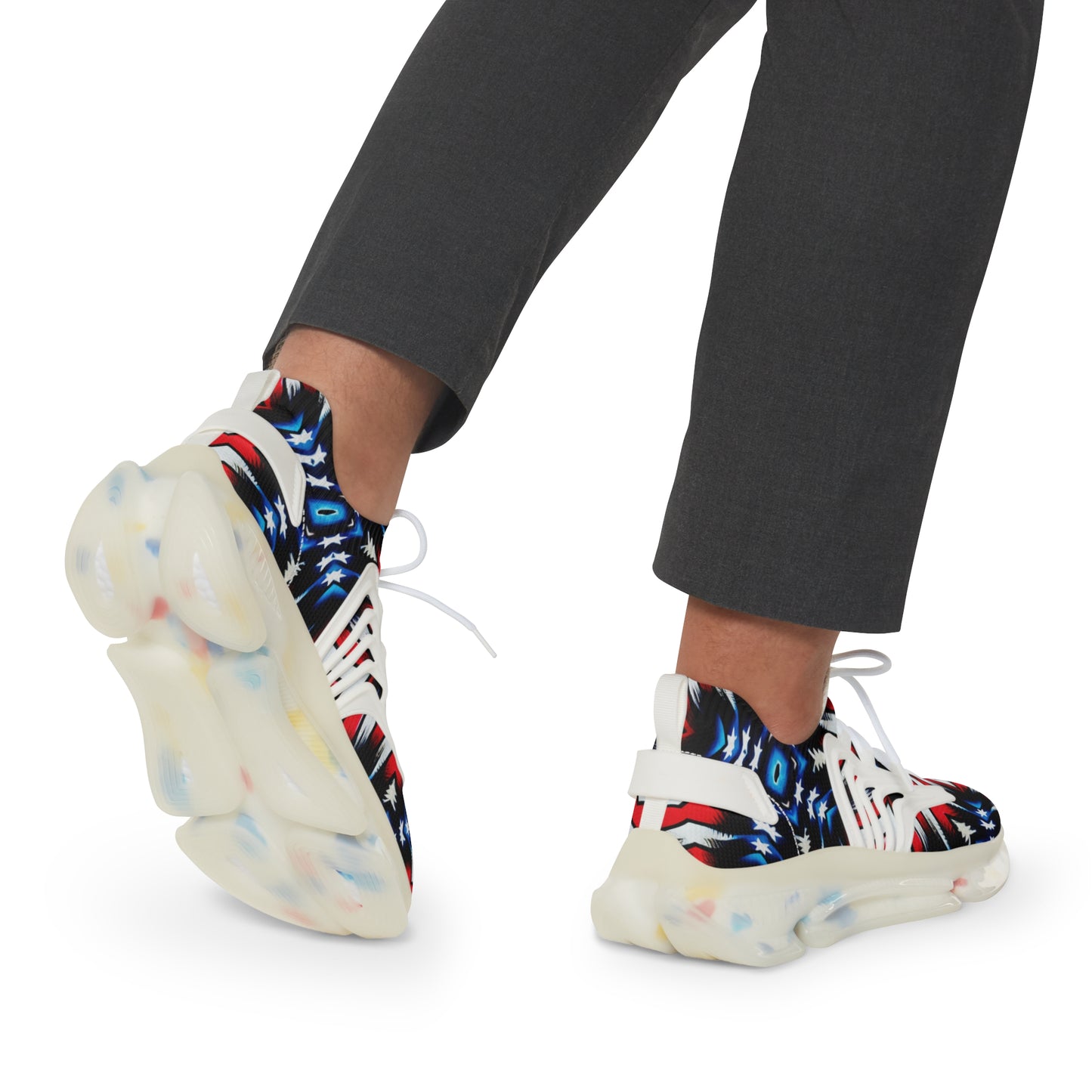 Men's Bold Red, White & Blue Geometric Pattern All Over Print Mesh Sneakers