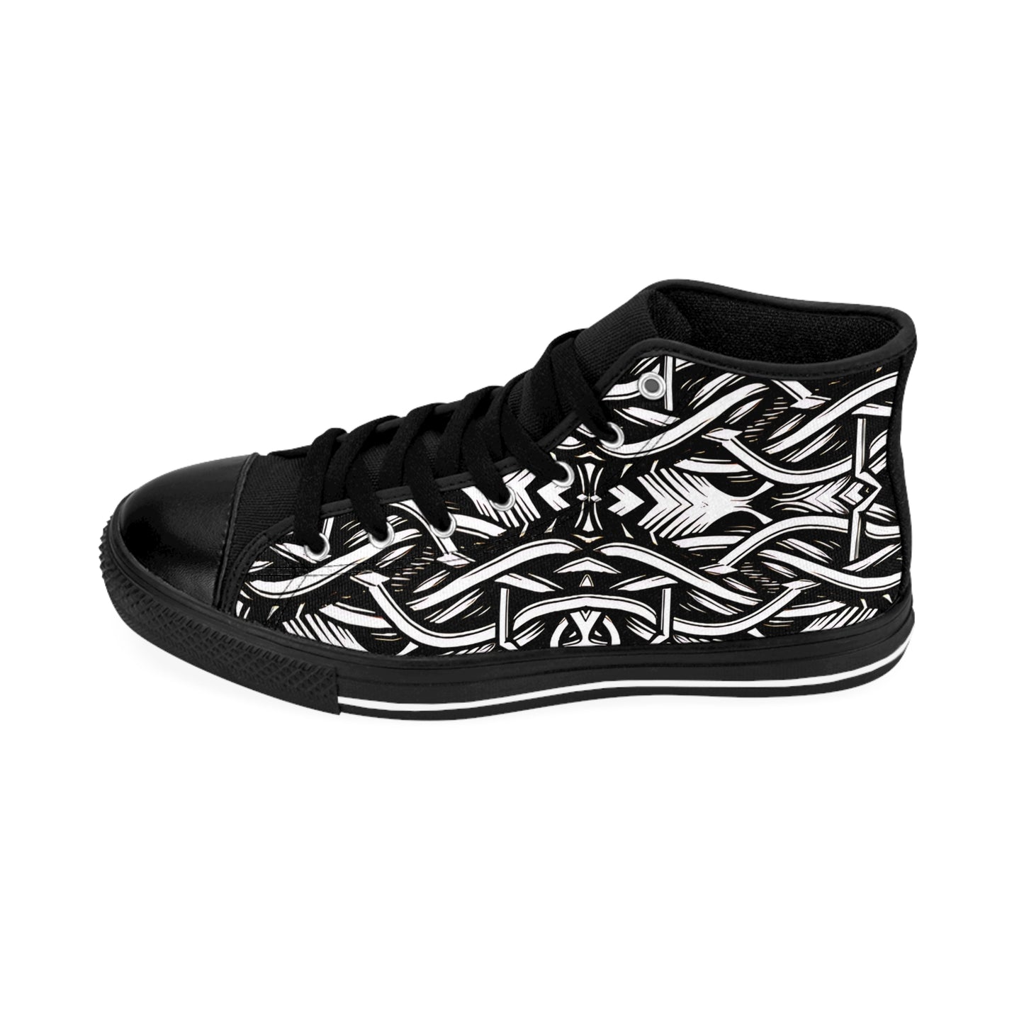 Men's Black Intricate Silver Chain Tattoo Pattern High-Top Sneakers