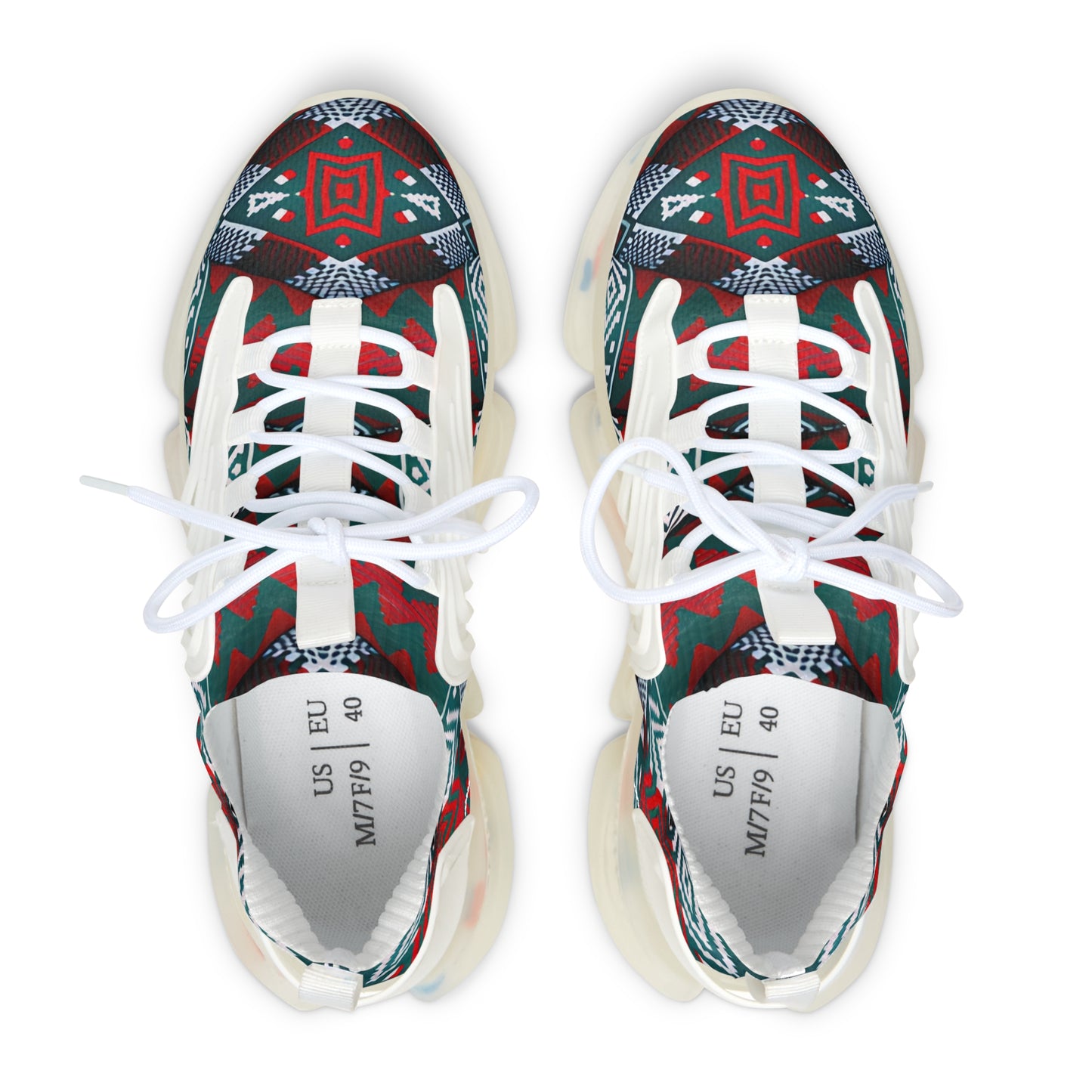 Women's Red & Teal Aztec Geo Pattern All Over Print Mesh Sneakers