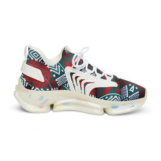 Men's Red & Teal Aztec Geo Pattern All Over Print Mesh Sneakers