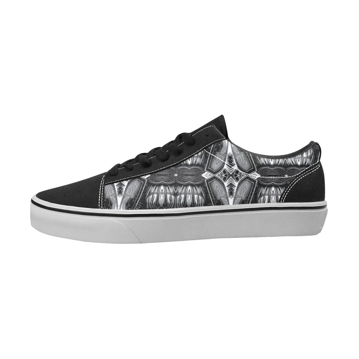 Women's Black & Silver Symmetry Pattern All-Over Print Low Top Skateboarding Shoes.