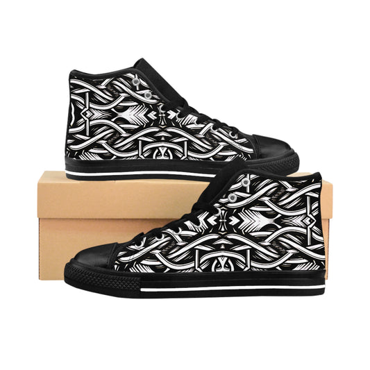 Men's Black Intricate Silver Chain Tattoo Pattern High-Top Sneakers