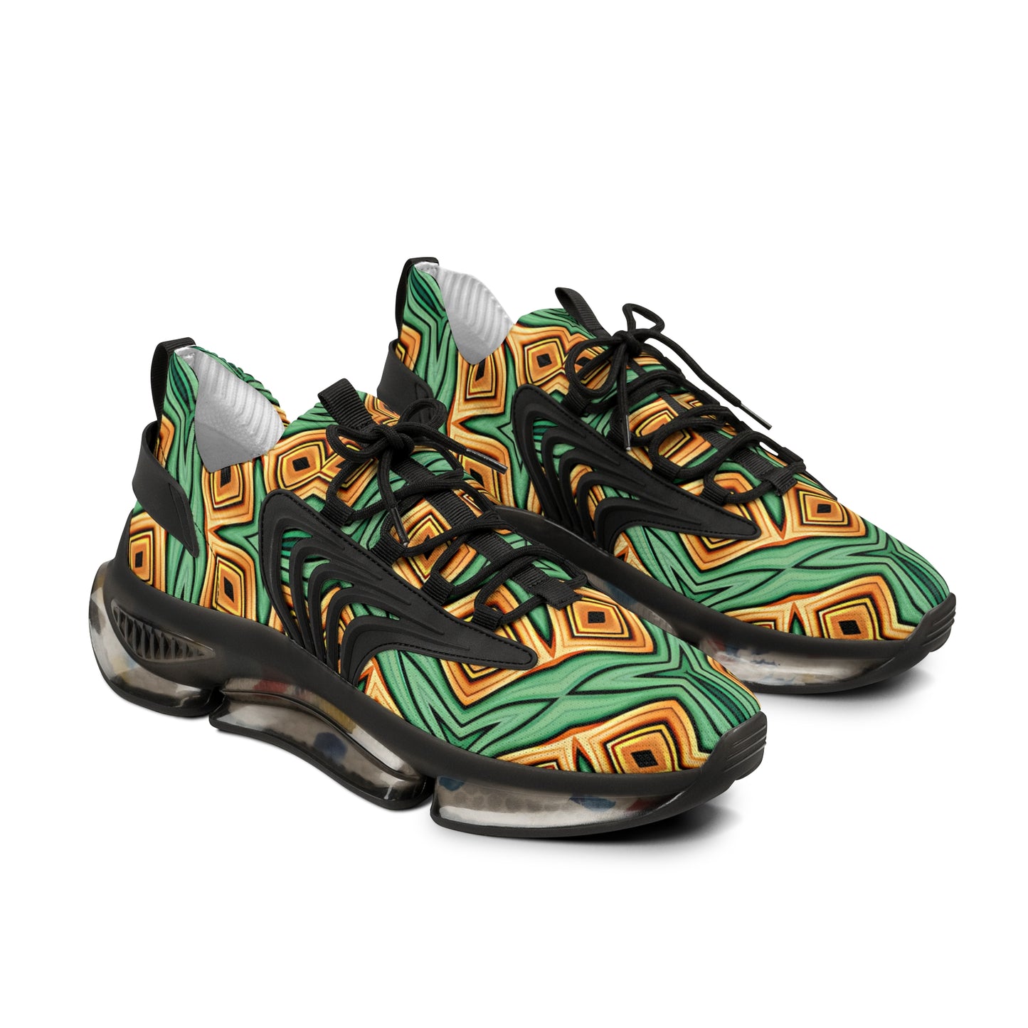 Men's Green & Gold Geometric Pattern Mesh Sneakers