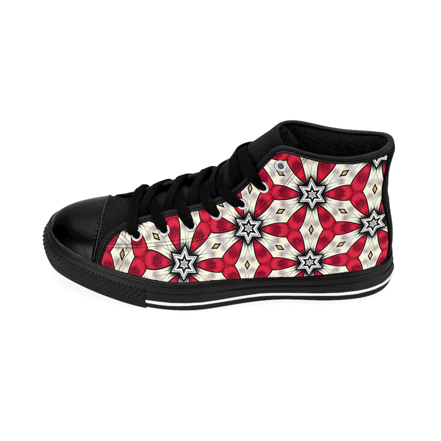 Men's Red & White Geometric Star Pattern High-Top Sneakers