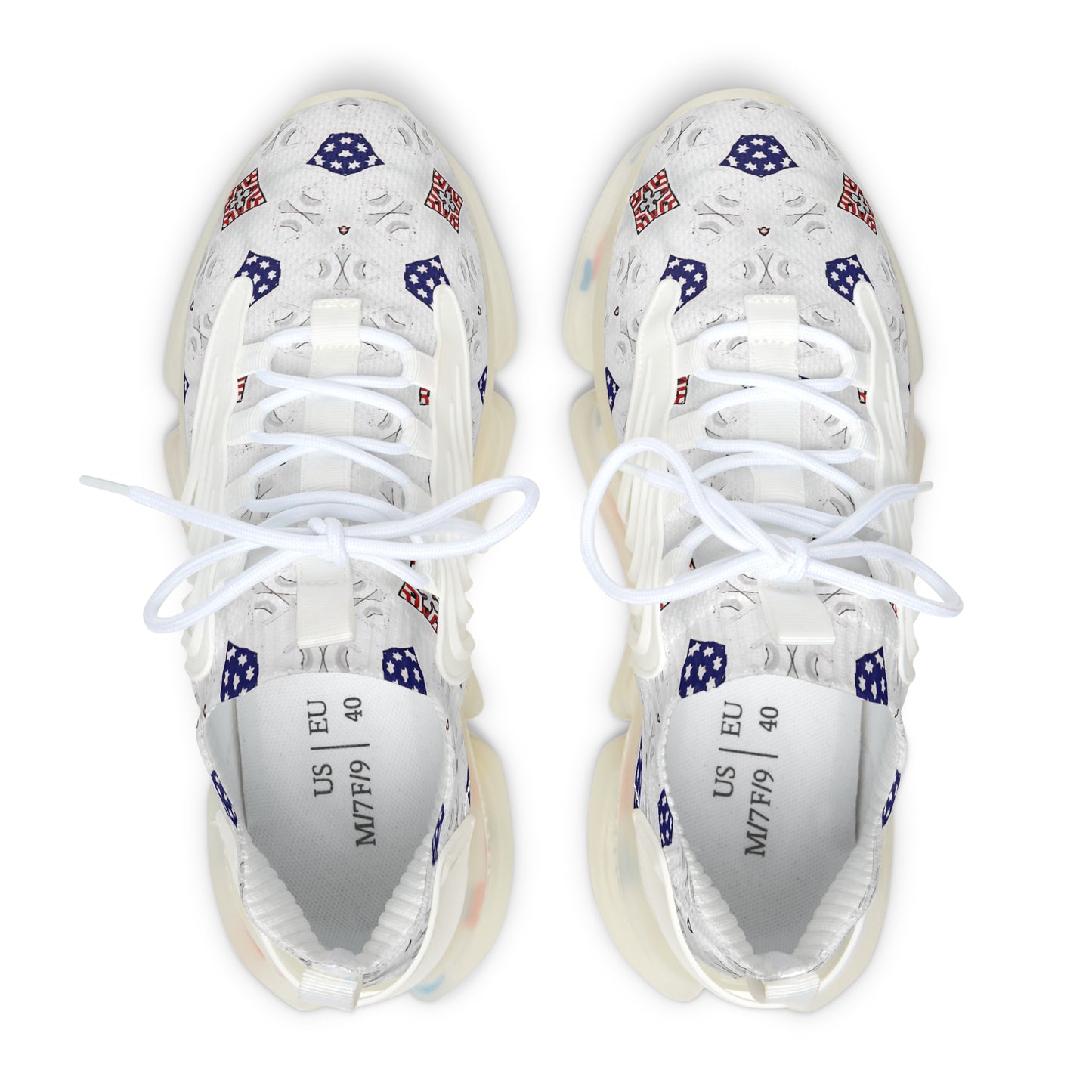 Women’s White Blue & Red Patterned Mesh Sneakers
