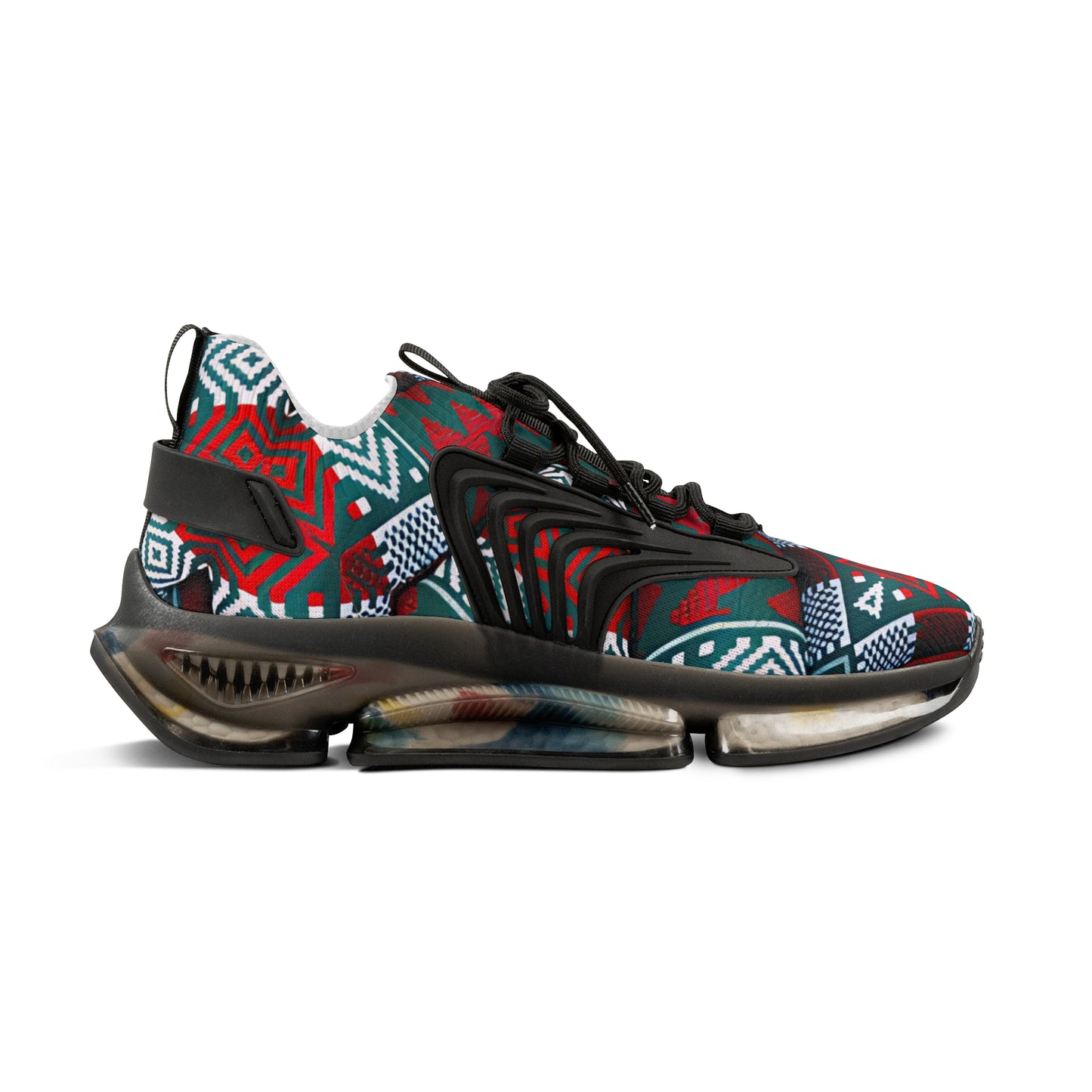 Men's Red & Teal Aztec Geo Pattern All Over Print Mesh Sneakers