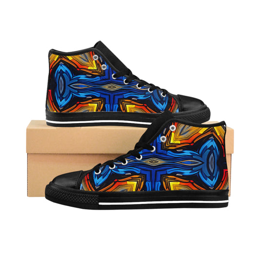 Men's Vibrant Geometric Blue & Orange Pattern All Over Print High-Top Sneakers