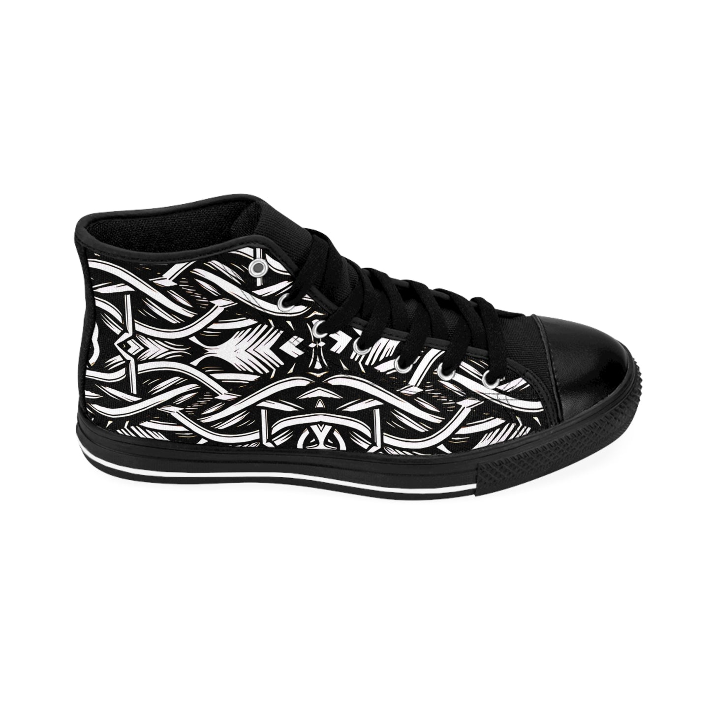 Men's Black Intricate Silver Chain Tattoo Pattern High-Top Sneakers