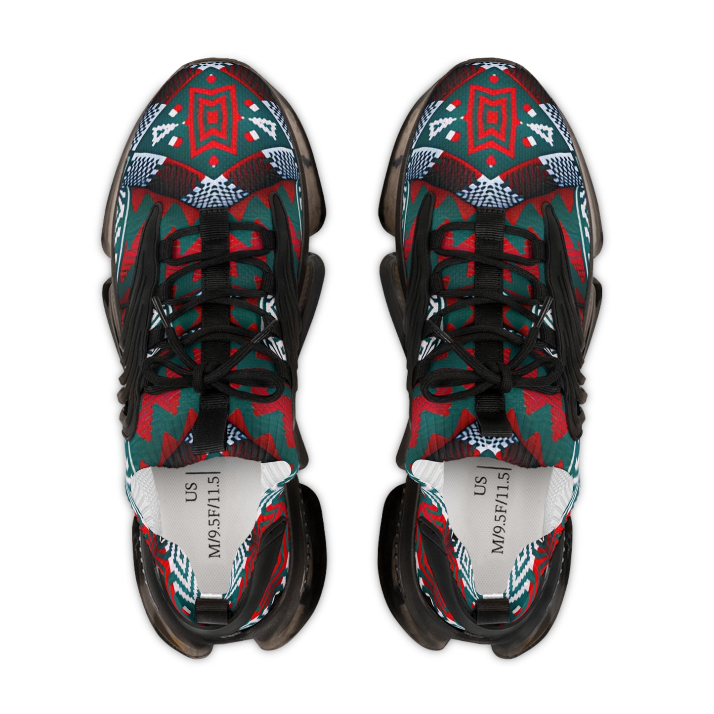Men's Red & Teal Aztec Geo Pattern All Over Print Mesh Sneakers