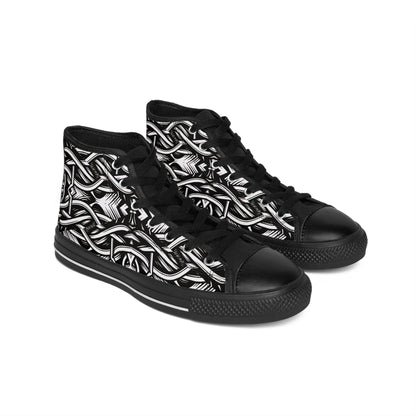 Men's Black Intricate Silver Chain Tattoo Pattern High-Top Sneakers