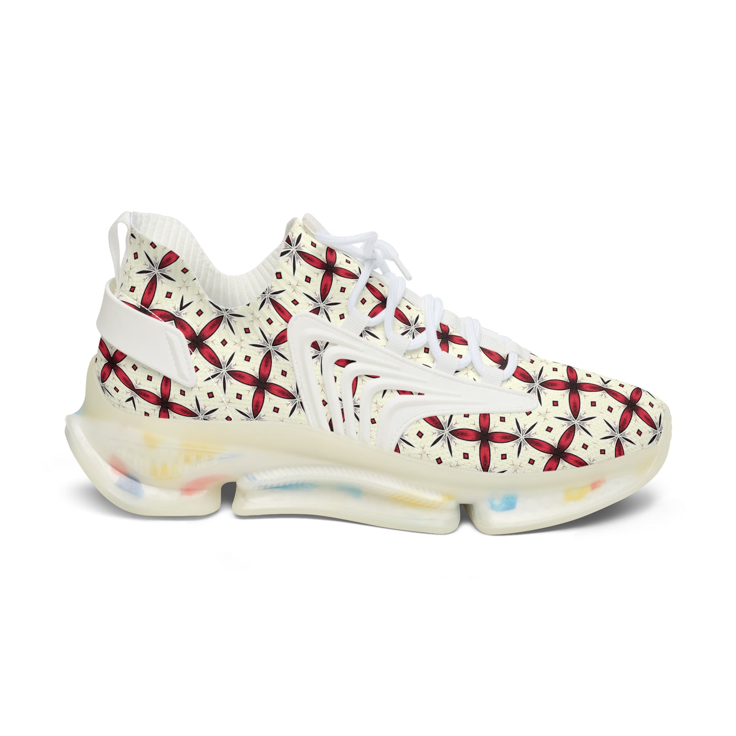 Women’s Mesh Cream Red Geometric Pattern Athletic Sneakers