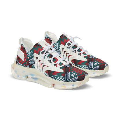Men's Red & Teal Aztec Geo Pattern All Over Print Mesh Sneakers