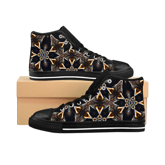 Women's Geometric Black & Gold Kaleidoscope Print High-Top Sneakers