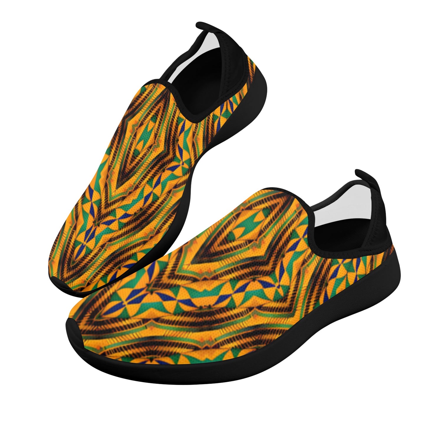 Men's Bold African Kente Inspired Pattern Fly Weave Drop-in Heel Sneakers
