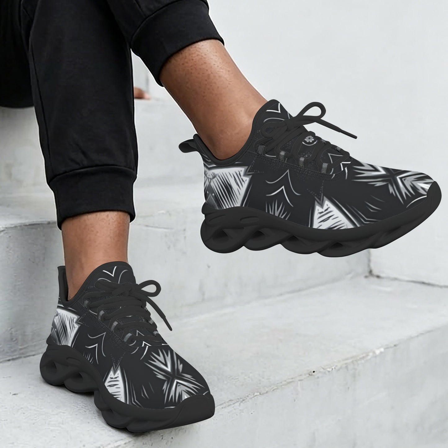 Women's Black & White Kaleidoscope Pattern All Over Print Twisted Sole Sneakers